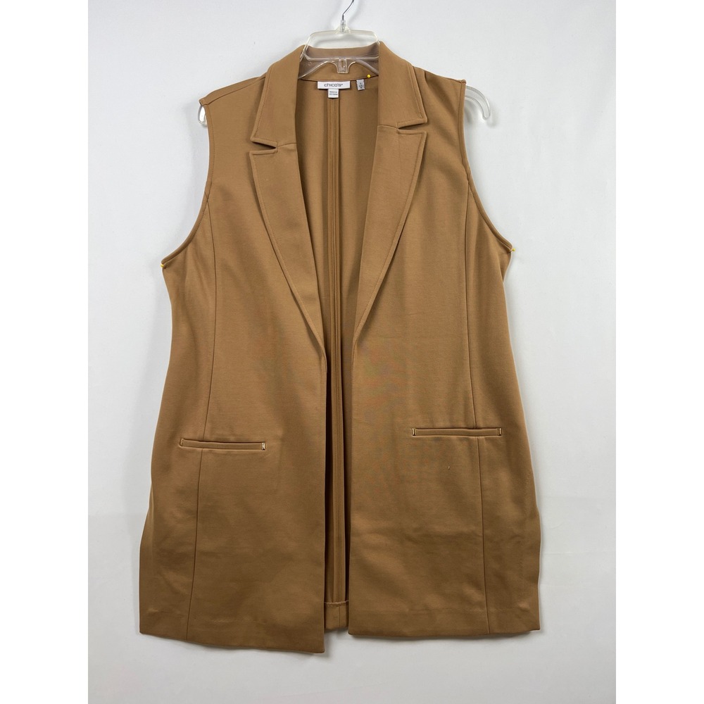 Chico's 1 Longline Vest Women M Camel Tan Ponte Knit Notched Lapel Open Front